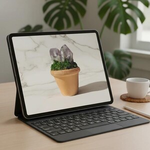 May include: A digital tablet with a black keyboard case displays a small terracotta pot with amethyst crystals and green moss. The tablet sits on a light wood surface, with a white mug and a stylus nearby. Large green plants are in the background.