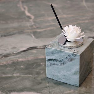 Puede incluir: Una base de difusor en forma de cubo de mármol verde con una placa superior circular de plata pulida. Una varilla difusora negra y un adorno blanco en forma de flor están insertados en el centro de la placa plateada sobre el mármol.
