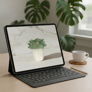 Pode incluir: Um tablet preto com capa de teclado exibe uma vela de suculenta verde em um vaso branco contra um fundo de mármore. Uma caneca branca, um porta-copos e uma caneta stylus estão em uma mesa de madeira, com uma planta monstera ao fundo.