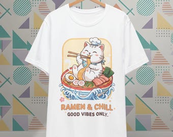 Ramen & Chill Cute Noodle Cat Distressed T-shirt Fun Quote Kitty Lover Japanese Viral Trend Good Vibes Tee