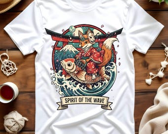 Japanischer Fox Karpfen Ninja Tengu Distressed T-Shirt Tattoo Wellen Grafikdesign Viral Cool Tradition Tee