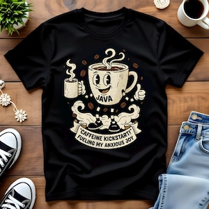 Divertente maglietta con citazione sul caffè, stile cartone animato, tubo di gomma, tazza da caffè, maglietta per amanti del caffè