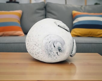Almohada de peluche de foca regordeta – Peluche redondo de foca en gris claro/oscuro, suave y blandito, de 20 a 80 cm, cojín kawaii para dormir, ideal para regalar.