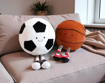 25 cm Sports Ball Plush Toy – Cute Football & Basketball Doll with Legs, Soft Round Pillow Plushie, Creative Ball Decor Gift for Kids/Home