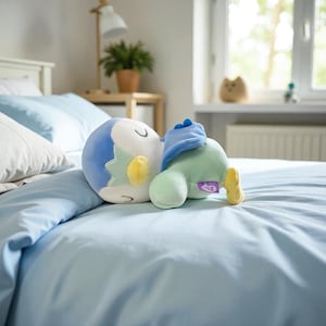 Puede incluir: Un peluche con forma de ping&uuml;ino, con colores azul, verde, amarillo y blanco, descansa sobre una cama azul claro. El ping&uuml;ino est&aacute; tumbado, con la cabeza apoyada en el brazo. El juguete tiene un aspecto suave y tierno.