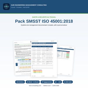 Pode incluir: Um pacote de documentos digitais intitulado Pack SMSST ISO 45001:2018 da HUB Engineering Management Consulting. A imagem mostra três páginas brancas com cabeçalhos azuis, tabelas e texto, incluindo 145 arquivos, 42 Word, 11 Excel e 27 fluxogramas.