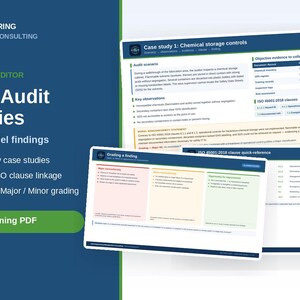 Può includere: Un PDF di formazione di 13 pagine intitolato ISO 45001 Audit Case Studies di Hub Engineering Management Consulting. Il documento presenta scenari reali, risultati modello, sei casi studio di non conformità, prove oggettive, collegamenti alle clausole ISO, dichiarazioni NC modello e informazioni sulla classificazione maggiore o minore su pagine bianche con intestazioni blu.