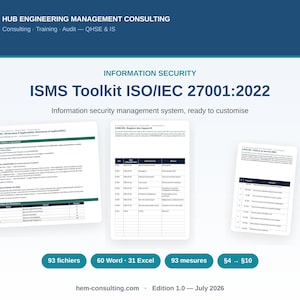 以下が含まれることがあります： HUB Engineering Management ConsultingによるISO/IEC 27001:2022情報セキュリティマネジメントシステムツールキット。93個のファイル、60個のWordドキュメント、31個のExcelスプレッドシート、93個の対策が含まれ、セクション4から10までを網羅しています。