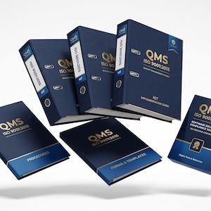 May include: A collection of dark blue QMS ISO 9001:2015 binders and manuals. The items feature gold text and branding, including labels for Procedures, Forms & Templates, and an Implementation Guide kit, all arranged in a floating, professional display.