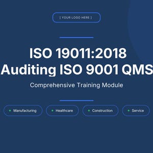 Peut inclure: Graphique bleu foncé avec du texte blanc. Le texte indique "ISO 19011:2018 Auditing ISO 9001 QMS Comprehensive Training Module." En dessous, quatre icônes avec les mots "Manufacturing", "Healthcare", "Construction" et "Service".