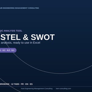 Puede incluir: Una portada de documento digital azul oscuro titulada Strategic Analysis Tool PESTEL & SWOT. Incluye el texto Hub Engineering Management Consulting, Context analysis, ready to use in Excel, ISO 9001 4.1 4.2 6.1 y Excel workbook 12 tabs FR EN ES.