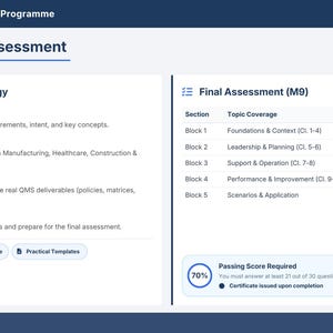 以下が含まれることがあります： 「How to Use & Assessment」と題された青と白のトレーニングスライド。学習理論、セクターへの応用、実践、理解度チェックなど、コースの方法論を概説しています。最終評価セクションでは、トピックの範囲と質問について詳しく説明しています。