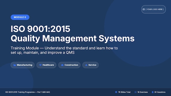 ISO 9001:2015 Complete QMS Training Course — 95 Editable Slides, 18 Exercises, Assessment & Answer Key | All 10 Clauses