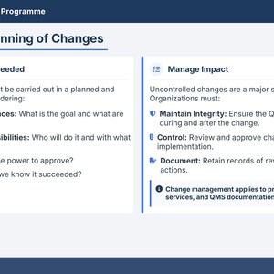 以下が含まれることがあります： ISO 9001:2015トレーニングプログラムのスライドで、「条項6.3 - 変更の計画」と題されています。 スライドは、「変更が必要な場合」と「影響の管理」の2つのセクションに分かれており、品質管理システムに関する重要な考慮事項が箇条書きで示されています。