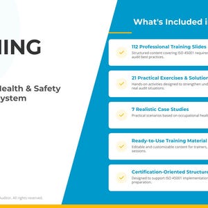 Peut inclure: Graphique d'un kit de formation intitulé "TRAINING KIT" et sous-titré "Occupational Health & Safety Management System". Le kit comprend 112 diapositives de formation, des exercices, des études de cas et du matériel de formation prêt à l'emploi.