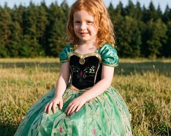 JerrisApparel Disfraz De Princesa Anna Para Niña - Vestido De Cosplay De Lujo Con Accesorios, Verde, Talla 4 Años, Ideal Para Fiestas Y Halloween