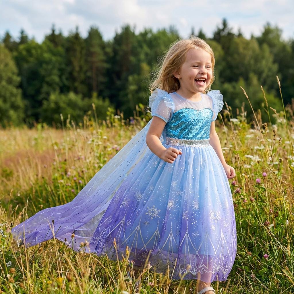 blue princess dress with cape Kids Elsa Dress Light Up Princess Dress with Trailing Cape Ice Queen G –  Sun Baby main image 1