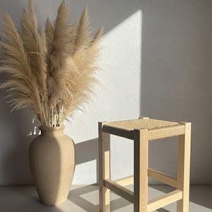 Birch Wood Stool with Woven Paper Cord Seat - Matte Varnish