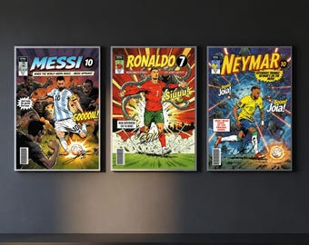 Messi, Ronaldo, Neymar Comic Book Football Soccer Sports Poster Set (Digital Download)