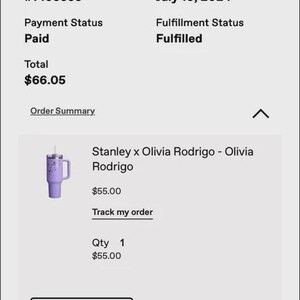 May include: A mobile order summary page for Stanley1913.com showing order #7105553 from July 10, 2024. The page lists a purple Stanley x Olivia Rodrigo tumbler for $55.00, with a total of $66.05 including shipping and tax. The status is marked as fulfilled.