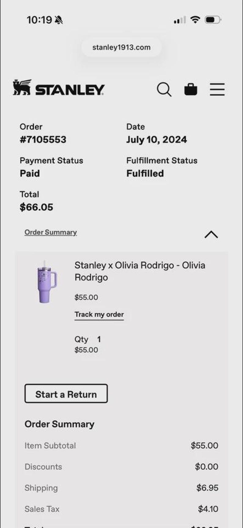 May include: A mobile order summary page for Stanley1913.com showing order #7105553 from July 10, 2024. The page lists a purple Stanley x Olivia Rodrigo tumbler for $55.00, with a total of $66.05 including shipping and tax. The status is marked as fulfilled.