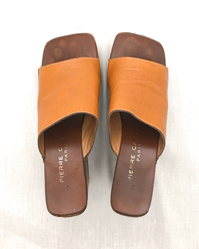 Rare 1970s Pierre Cardin 7AA Carmel Leather and Wood Platform Shoes