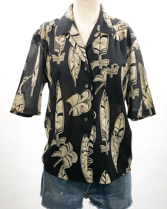 1980s Mondi Black & Tan Feather Print Cotton Top