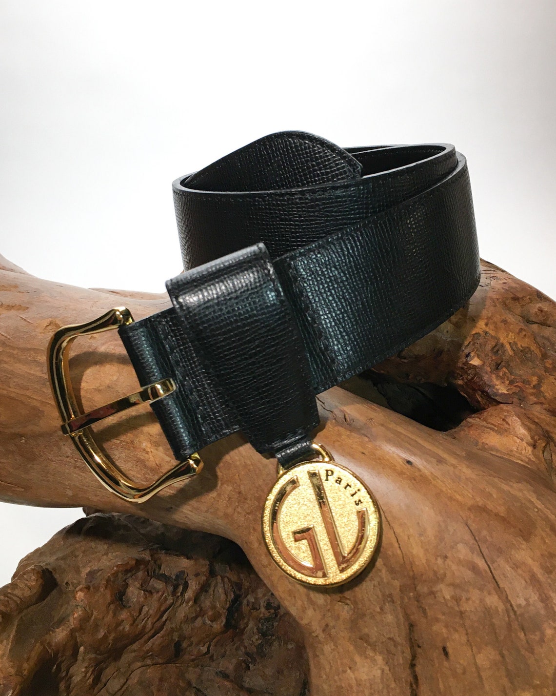 Guy Laroche Paris Black Leather Belt with Gold Logo Medallion Etsy