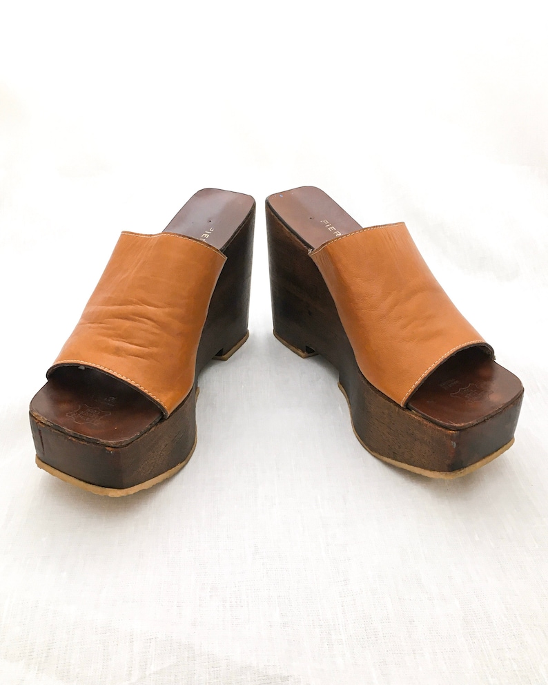 Rare 1970s Pierre Cardin 7AA Carmel Leather and Wood Platform Shoes