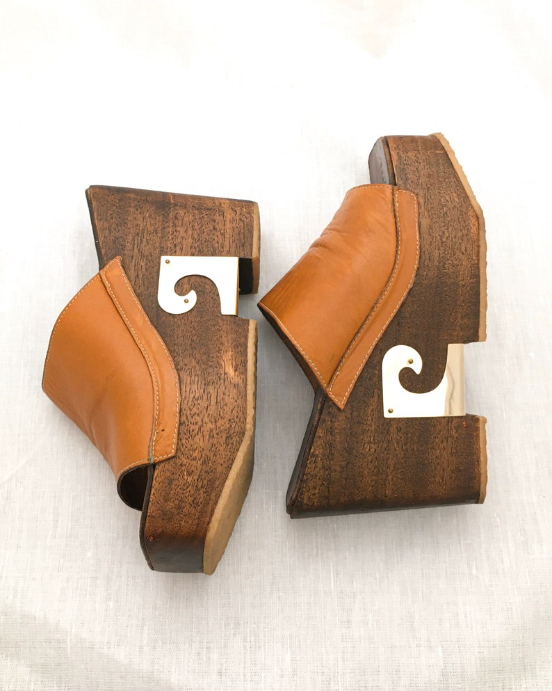 Rare 1970s Pierre Cardin 7AA Carmel Leather and Wood Platform Shoes