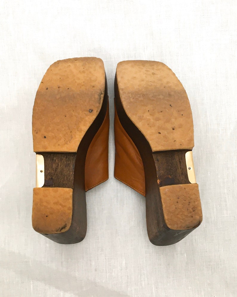 Rare 1970s Pierre Cardin 7AA Carmel Leather and Wood Platform Shoes