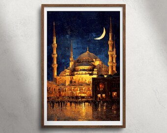 Blauwe moskee Istanbul Turkije nacht olieverfschilderij afdrukbare muurkunst, islamitische architectuur print, decor historisch monument, reisposter