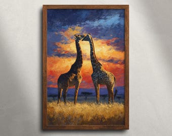Giraffepaar Masai Mara safari olieverfschilderij afdrukbare muurkunst, Afrikaanse dieren in het wild dierenprint, decor savanne zonsondergang landschap