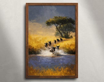 Gnoe migratie Masai Mara safari olieverfschilderij afdrukbare muur kunst, Savanna River Crossing print, Afrikaanse dieren in het wild dieren decor