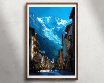 Chamonix Mont-Blanc-Frankrijk olieverfschilderij afdrukbare kunst aan de muur, schilderachtige Alpine Village Street print, decor sneeuw berglandschap, reizen poster
