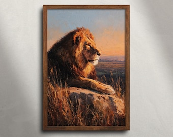 Mannetjesleeuw Masai Mara safari olieverfschilderij afdrukbare muurkunst, Afrikaanse dieren in het wild dierenprint, decor savanne zonsondergang landschap