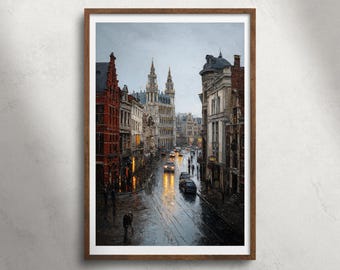 Brussel België regenachtige straat olieverfschilderij afdrukbare muurkunst, Grand Place architectuur print, decor oude stad stadsgezicht, reisposter