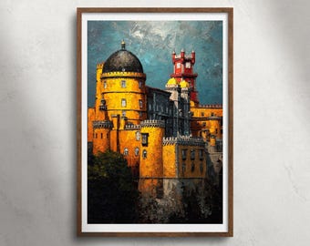Pena Palace Sintra Portugal olieverfschilderij afdrukbare muurkunst, kleurrijke kasteelarchitectuur print, historisch monument decor, reisposter