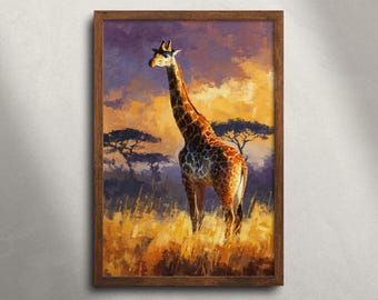 Giraffe Masai Mara safari olieverfschilderij afdrukbare muurkunst, Afrikaanse dieren in het wild dierenprint, savanne landschap decor, Afrika reizen poster