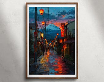 Mount Fuji Japan avondstraat olieverfschilderij afdrukbare muurkunst, traditioneel Japans dorp print, decor straatverlichting, reisposter