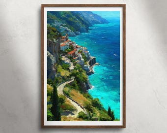 Amalfikust Italië olieverfschilderij afdrukbare muurkunst, kustdorp zeegezicht print, mediterraan decor, Europa reizen poster