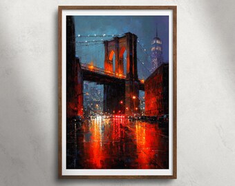 Brooklyn Bridge New York regenachtige nacht olieverfschilderij afdrukbare muurkunst, NYC City Lights print, humeurig stedelijk stadsgezicht decor, USA reizen poster