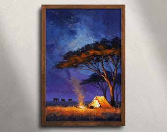Safari Camping Masai Mara-olieverfschilderij afdrukbare muurkunst, Afrikaanse savanne nacht landschap print, kampvuur tent decor, Afrika reizen poster