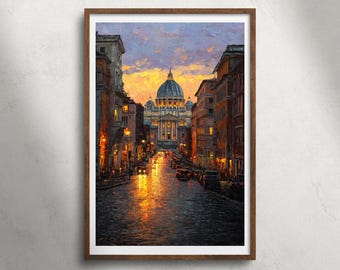 Vaticaan Rome Italië zonsondergang straat olieverfschilderij afdrukbare muurkunst, Sint-Pietersbasiliek stadsgezicht print, historisch monument decor, reisposter