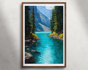 Lake Louise Banff National Park Canada olieverfschilderij afdrukbare muurkunst, alpine berglandschap print, natuur decor, reisposter