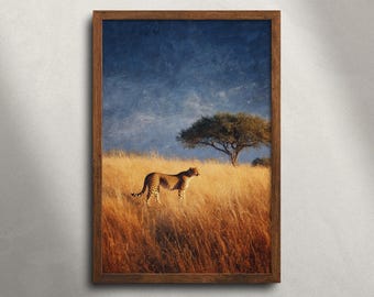 Cheetah Masai Mara Safari-olieverfschilderij afdrukbare muurkunst, Afrikaanse dieren in het wild dierenprint, decor savannelandschap, digitale download