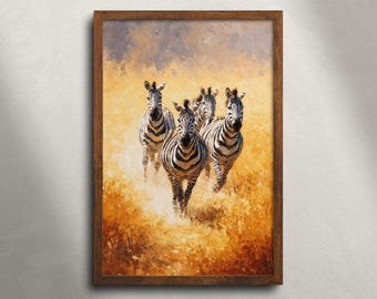 Zebrakudde Masai Mara Safari-olieverfschilderij afdrukbare muurkunst, Afrikaanse dieren in het wild dierenprint, decor savannelandschap, digitale download