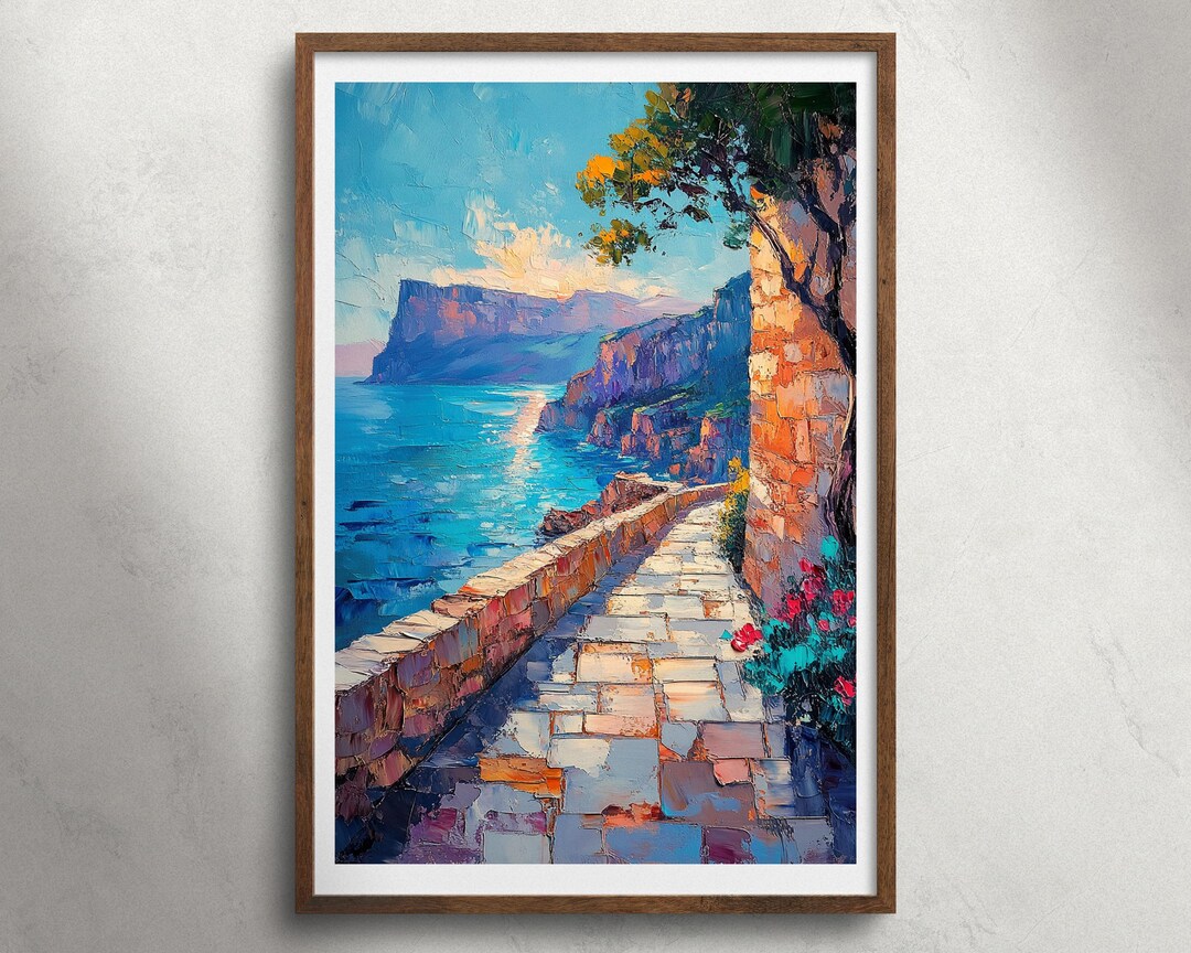 Coastal Path Mediterranean Cliffside Oil Painting, Printable Wall Art ...