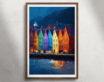 Bryggen Bergen, Noorwegen nacht olieverfschilderij afdrukbare muurkunst, kleurrijke havenhuizen kustplaats print, Scandinavische landmark decor
