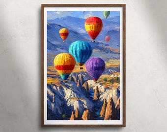 Cappadocië Turkije heteluchtballonnen olieverfschilderij afdrukbare muurkunst, kleurrijke ballon landschapsdruk, reisdecor, huwelijksreiscadeau